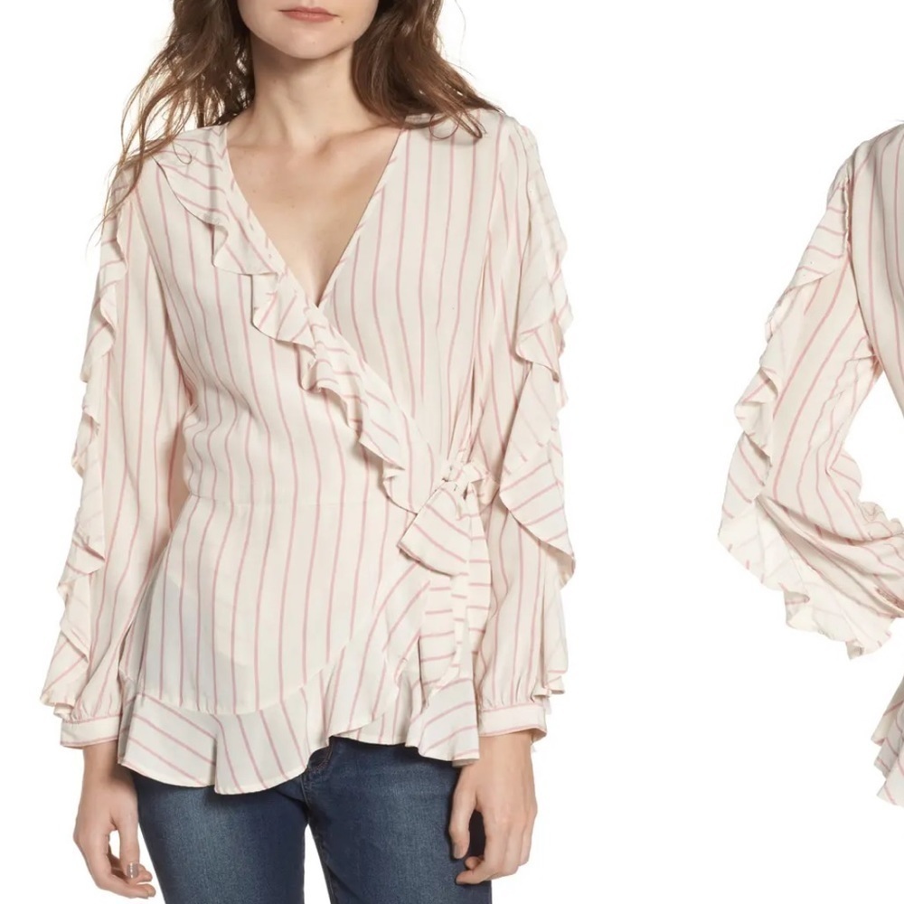 Leith Ruffle Striped Long Sleeve Wrap Tie Blouse